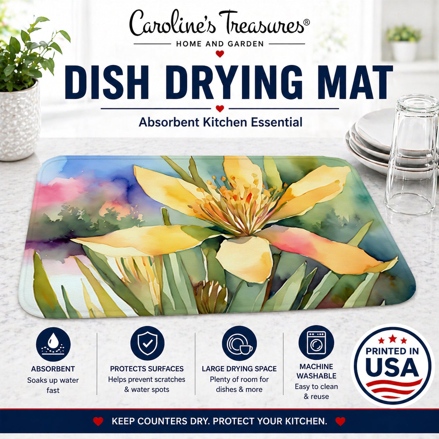New Mexico Yucca Flower in Watercolor Dish Drying Mat Absorbent Dish Drying Mat Pad for Kitchen Counter Dish Drainer Mat for Countertop, 14 x 21", Multicolor