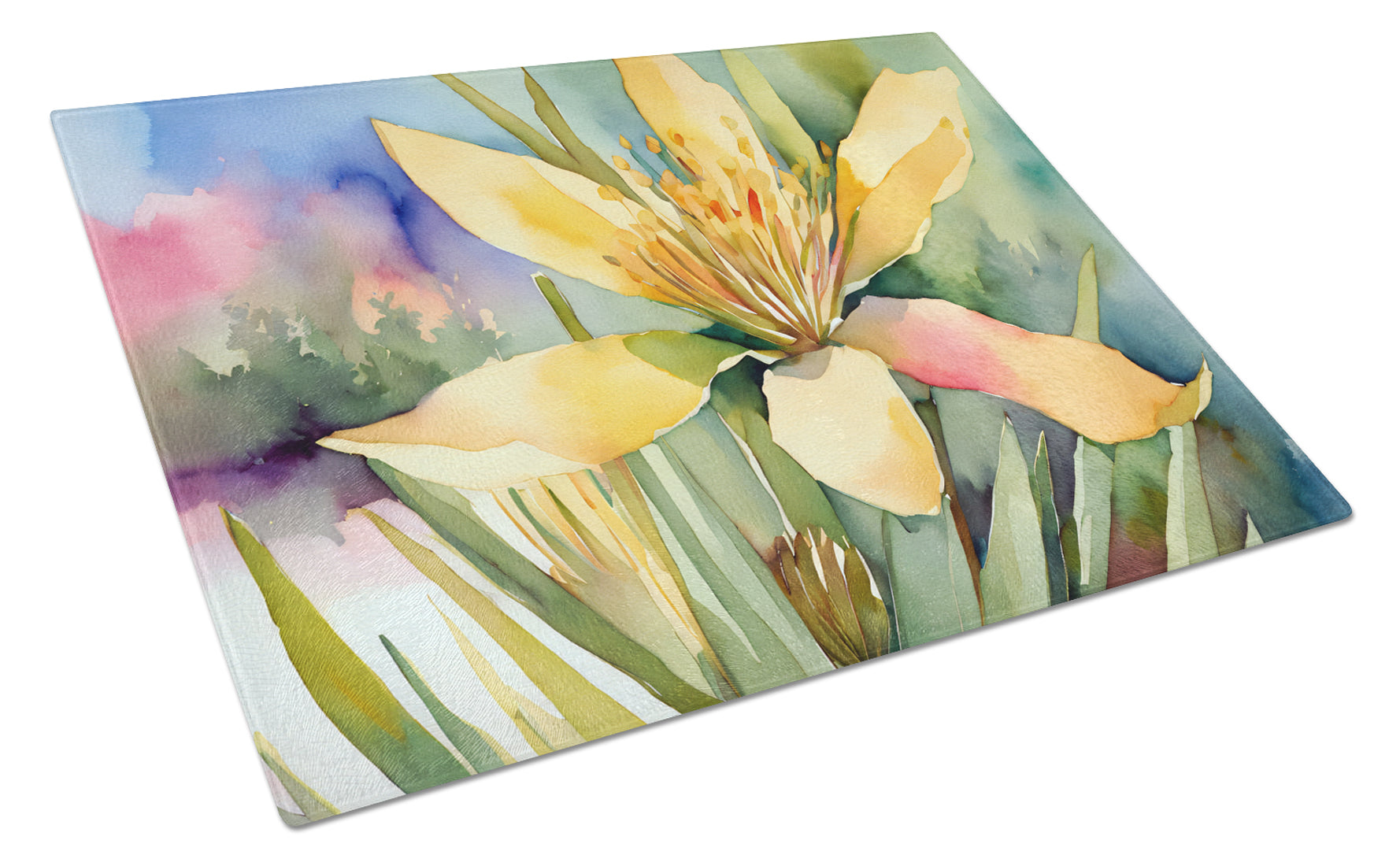 New Mexico Yucca Flower in Watercolor Cutting Board Tempered Glass Kitchen Surface, Heat Resistant Chopping with Non-Slip Feet,Food Prep & Serving