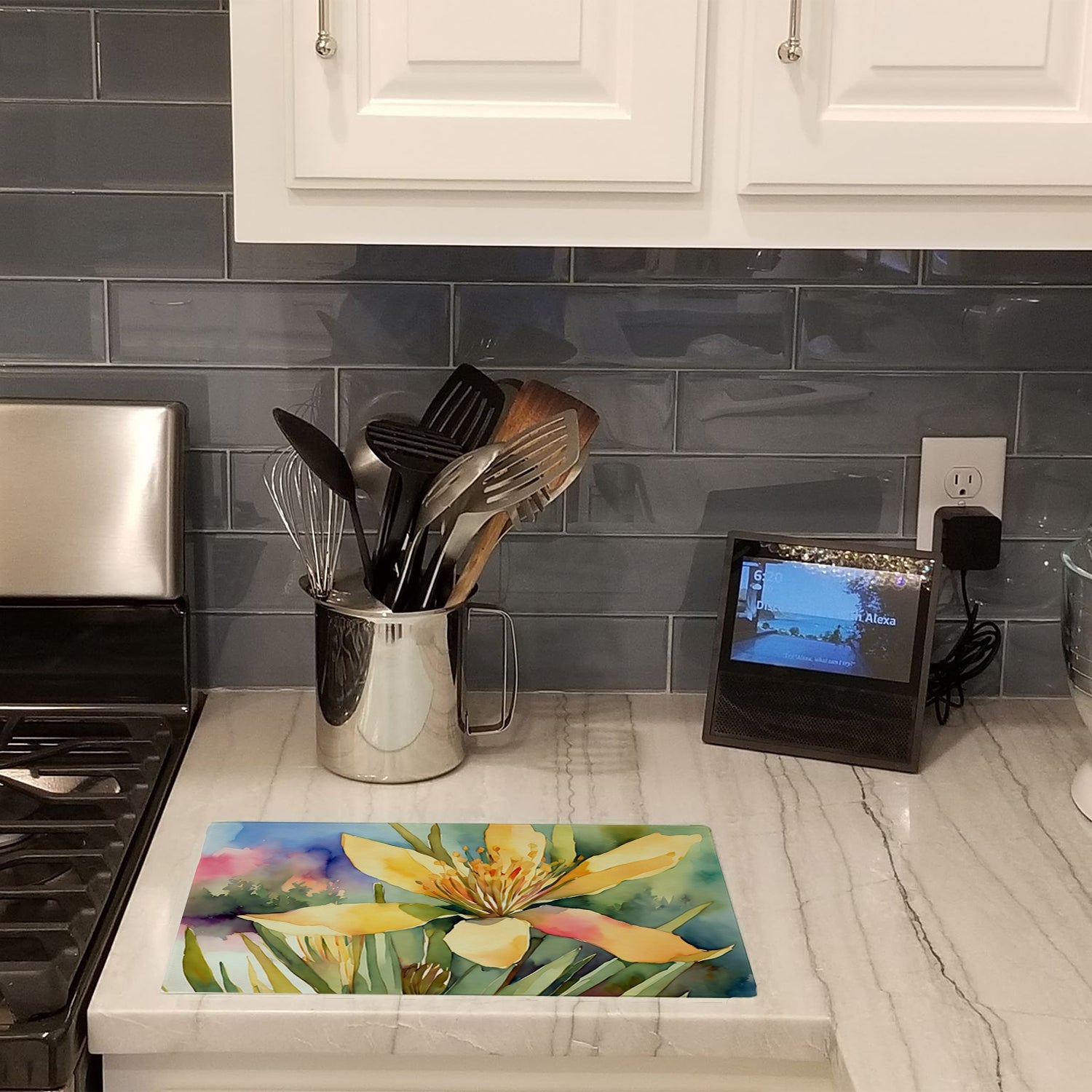 New Mexico Yucca Flower in Watercolor Cutting Board Tempered Glass Kitchen Surface, Heat Resistant Chopping with Non-Slip Feet,Food Prep & Serving