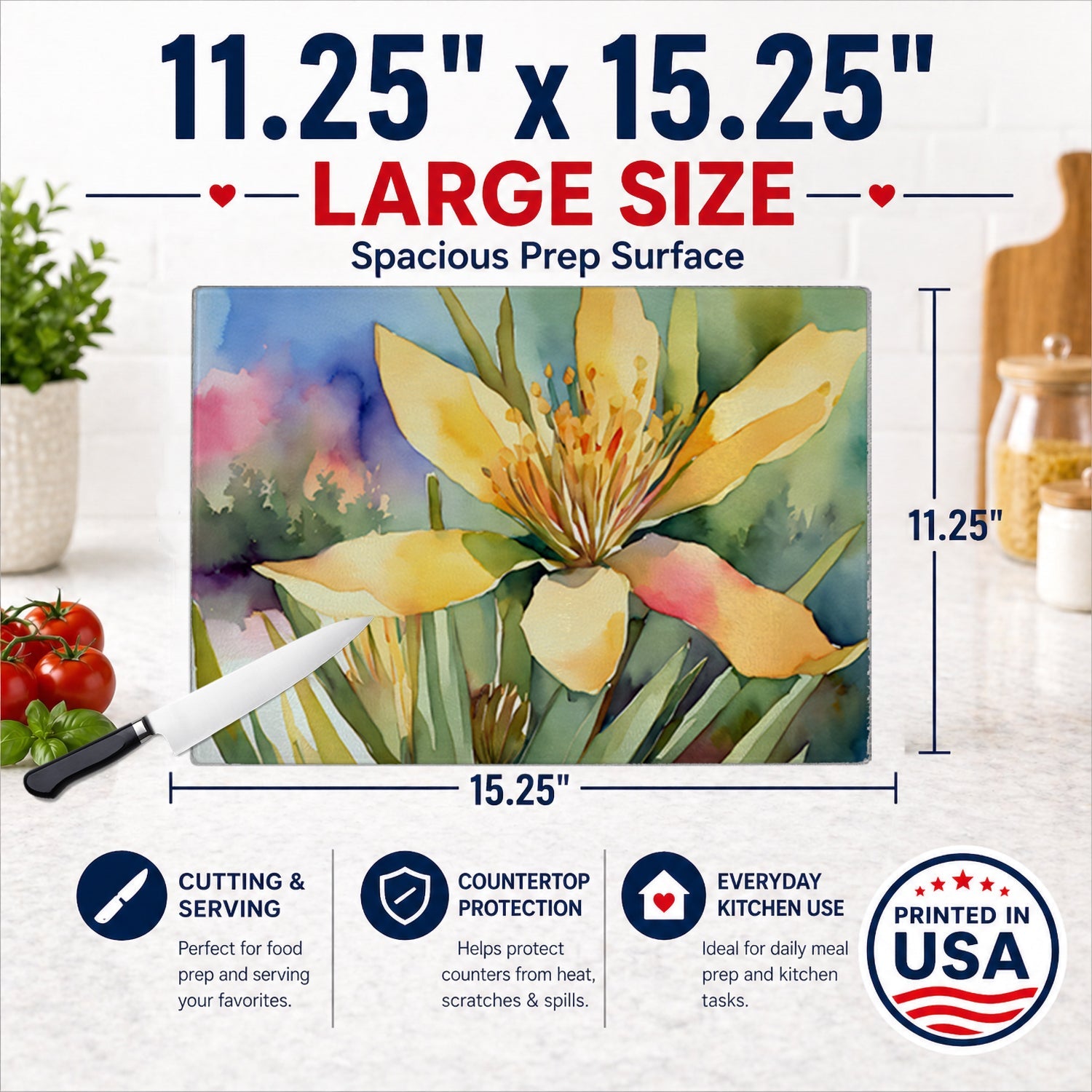 New Mexico Yucca Flower in Watercolor Cutting Board Tempered Glass Kitchen Surface, Heat Resistant Chopping with Non-Slip Feet,Food Prep & Serving