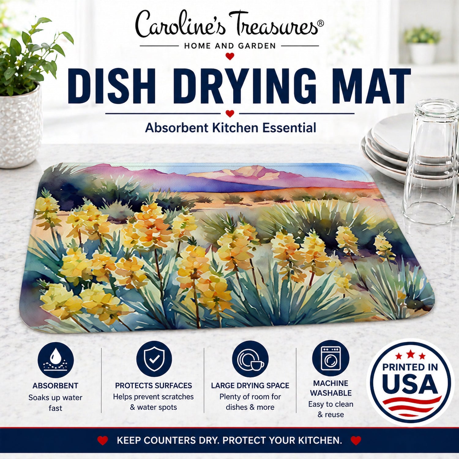 New Mexico Yucca Flower in Watercolor Dish Drying Mat Absorbent Dish Drying Mat Pad for Kitchen Counter Dish Drainer Mat for Countertop, 14 x 21", Multicolor