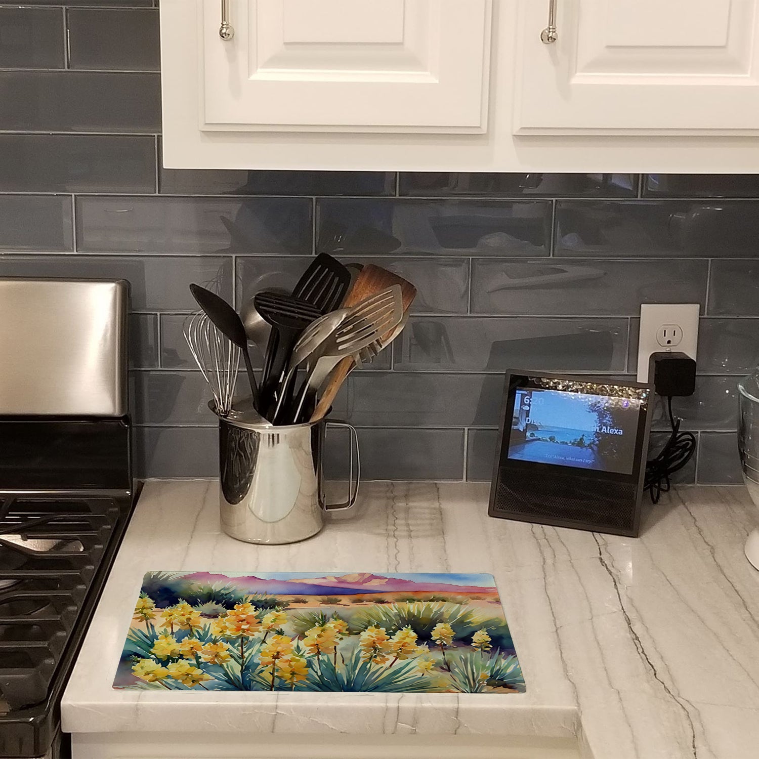 New Mexico Yucca Flower in Watercolor Cutting Board Tempered Glass Kitchen Surface, Heat Resistant Chopping with Non-Slip Feet,Food Prep & Serving