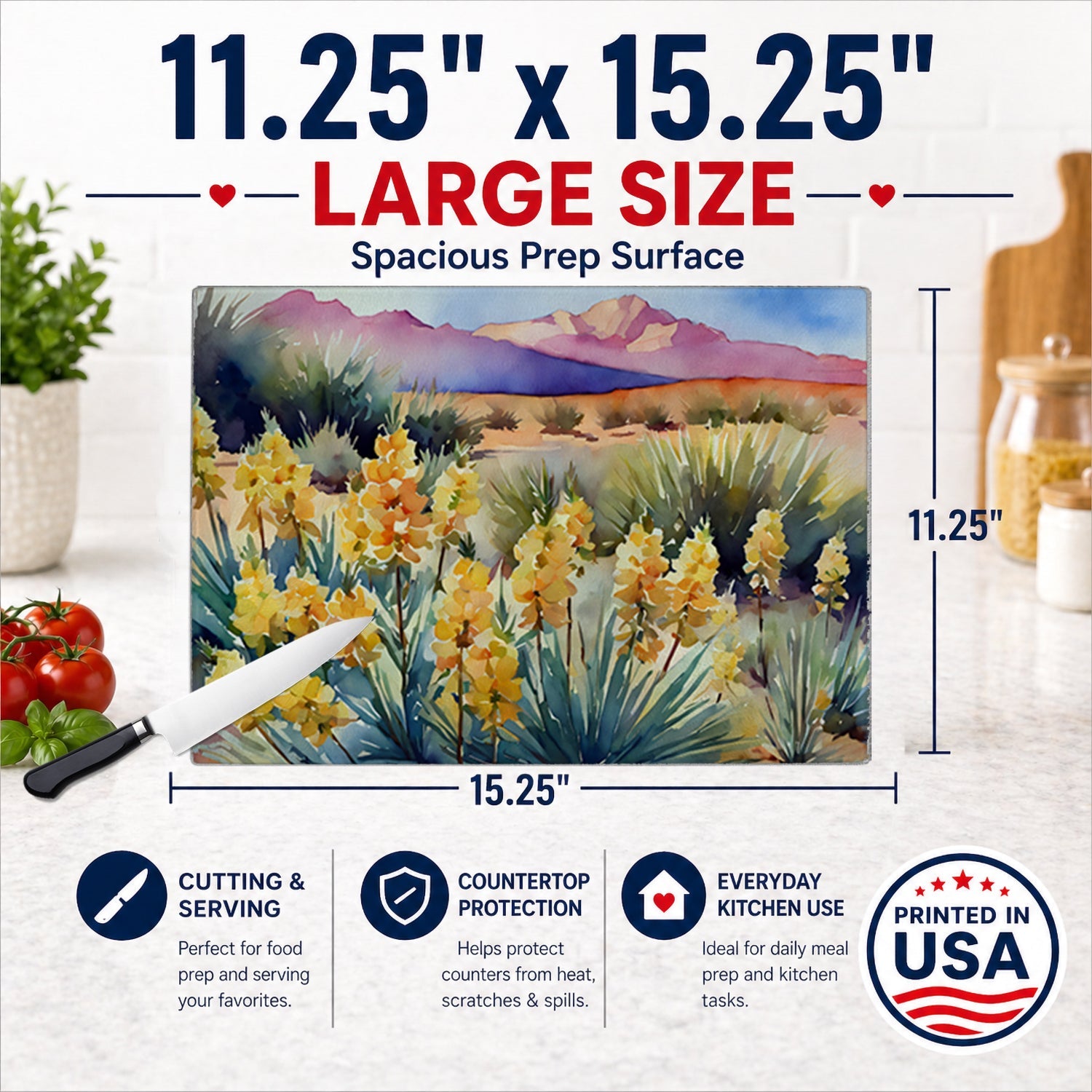 New Mexico Yucca Flower in Watercolor Cutting Board Tempered Glass Kitchen Surface, Heat Resistant Chopping with Non-Slip Feet,Food Prep & Serving