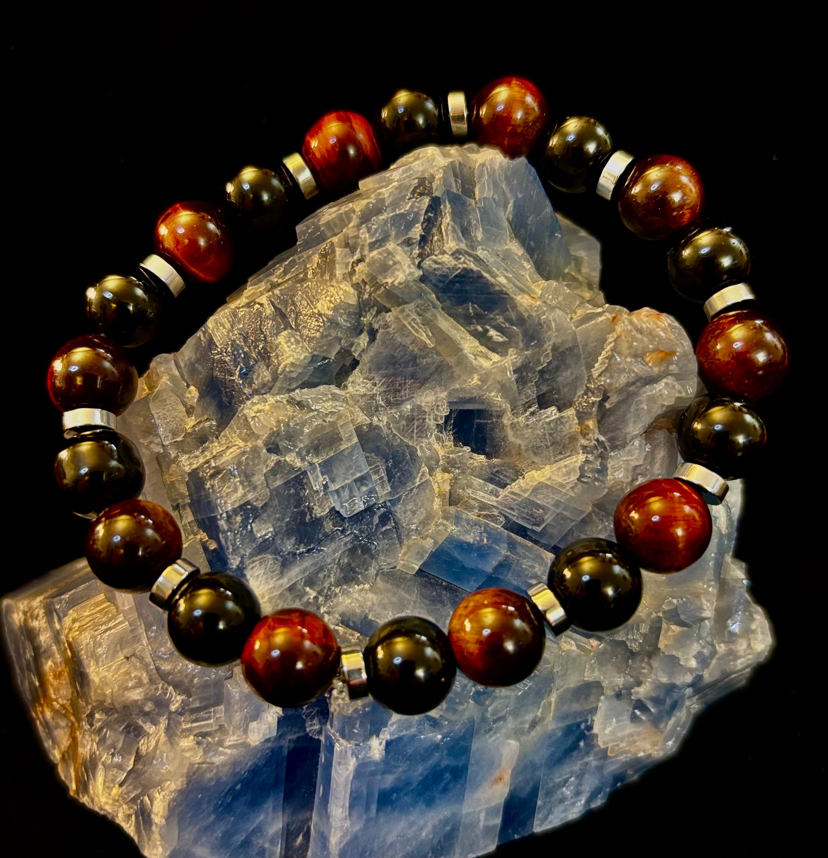 Tiger’s Eye & Black Onyx Power Bracelet — Handmade in Puerto Vallarta Mexico — Protection & Confidence Stone Bracelet for Large Wrists